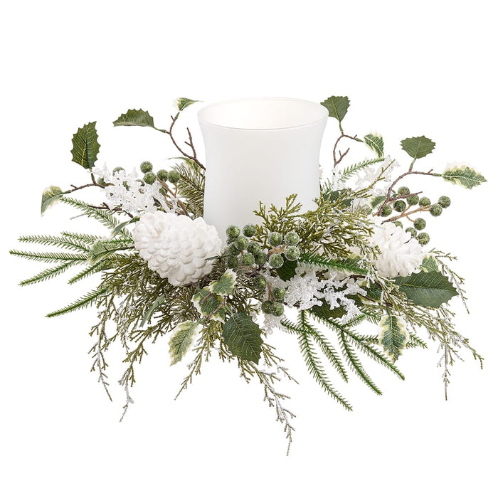 20"Wx8"H Iced Pinecone, Holly Leaf & Pine Artificial Candle Ring Holder w/Glass -White/Green - XDC360-WH/GR