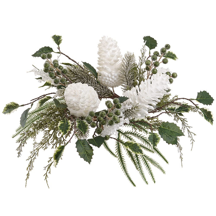 20" Wide Iced Pinecone, Holly Leaf & Pine Artificial Candle Ring Holder -White/Green (Pack of 2) - XDC365-WH/GR