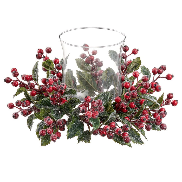 15"Wx7.5"H Iced Berry, Holly Leaf & Pine Artificial Candle Ring Holder w/Glass -Red/Green - XDC370-RE/GR
