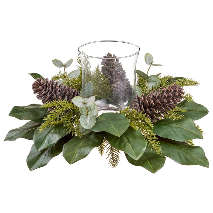 20"Wx8"H Pinecone, Magnolia Leaf & Pine Artificial Candle Ring Holder w/Glass -Brown/Green - XDC375-BR/GR