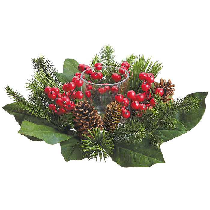 18"Wx6"H Artificial Berry, Pinecone & Pine Candle Ring Holder w/Glass -Red/Green (pack of 4) - XDC454-RE/GR