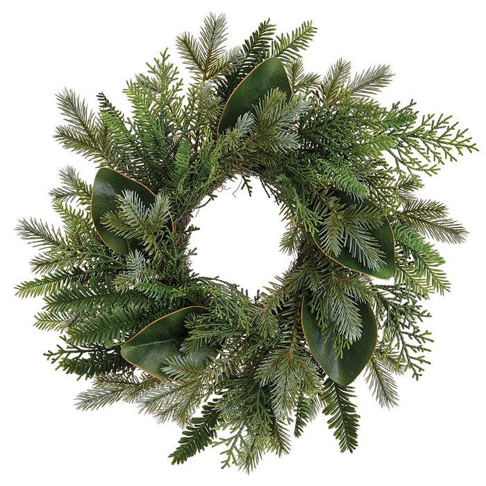 18" Wide Mixed Pine & Magnolia Leaf Artificial Candle Ring Holder -2 Tone Green (Pack of 8) - XDC520-GR/TT