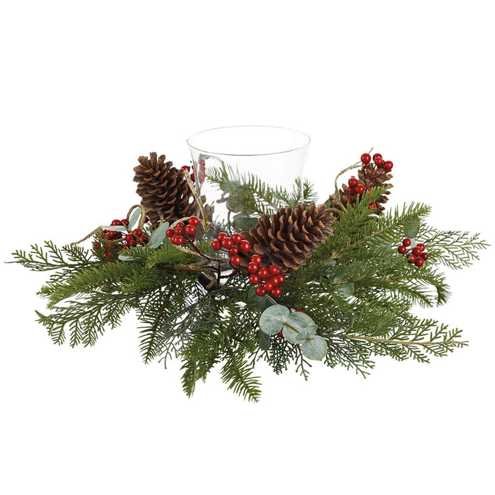 21"Wx7.5"H Berry, Pinecone & Pine Artificial Candle Ring Holder w/Glass -Red/Brown - XDC542-RE/BR
