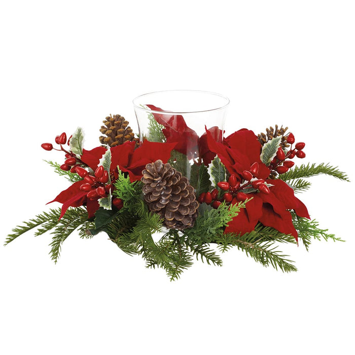 18"Wx7.8"H Poinsettia, Holly Leaf, Berry & Pine Artificial Candle Ring Holder w/Glass -Red/Green - XDC543-RE/GR