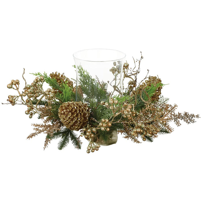 18"Wx7.8"H Glittered Pinecone & Berry Artificial Candle Ring Holder w/Glass -Gold - XDC544-GO