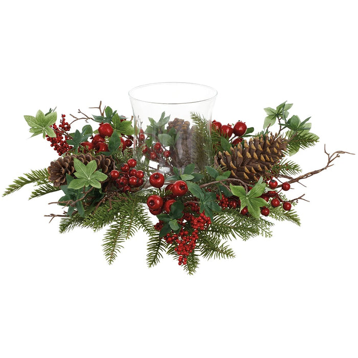 18"Wx7.8"H Berry, Pinecone & Pine Artificial Candle Ring Holder w/Glass -Red/Green - XDC545-RE/GR