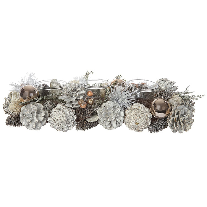 15.7"Wx3.7"H Artificial Pine, Pinecone & Ornament Ball Candle Ring Holder w/Glass -Brown/Gold (Pack of 6) - XDC583-BR/GO