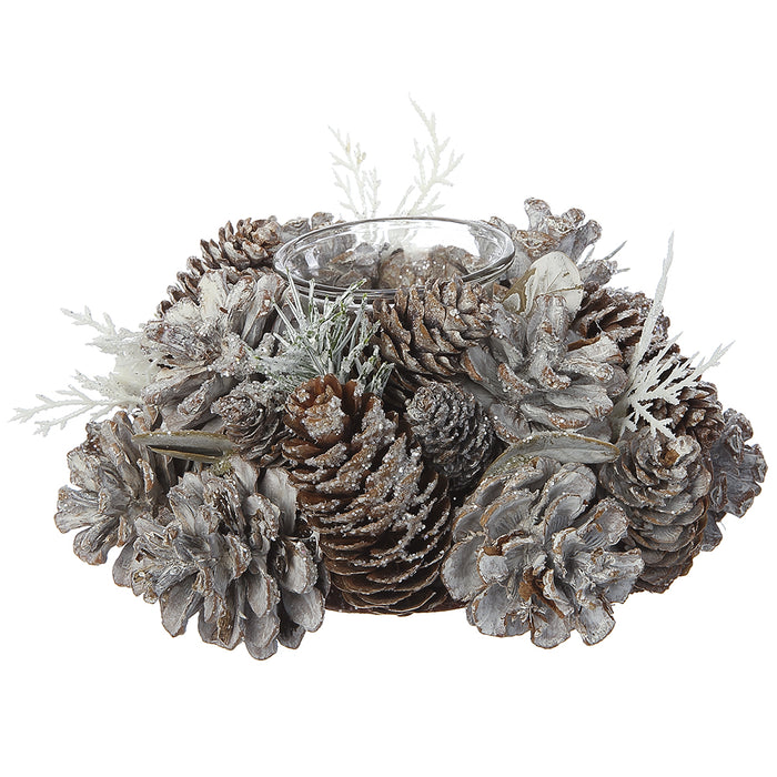 7.4"Wx3.5"H Artificial Pinecone & Pine Candle Ring Holder w/Glass -Whitewashed (pack of 6) - XDC585-WW