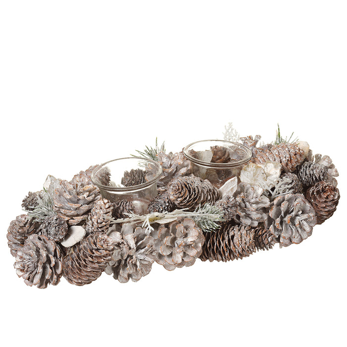 12.9"Wx3.3"H Artificial Pinecone & Pine Candle Ring Holder w/Glass -Whitewashed (pack of 6) - XDC586-WW