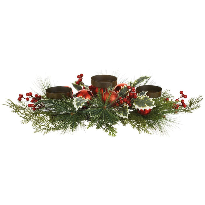 28"Wx9"H Ball, Holly Leaf, Berry & Tinsel Candle Ring Holder -Red/Green (Pack of 2) - XDC847-RE/GR