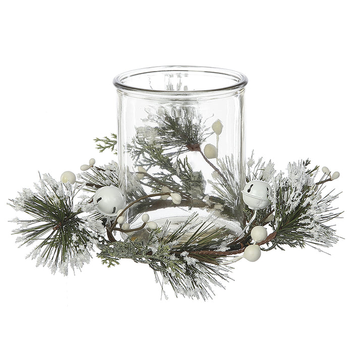 8"Wx5"H Artificial Snowed Jingle Bell, Berry & Pine Candle Ring Holder w/Glass -White/Green (pack of 6) - XDE017-WH/GR