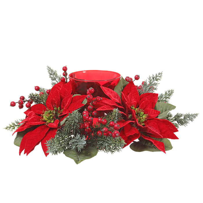14"Wx3"H Artificial Velvet Poinsettia, Berry & Pine Candle Ring Holder w/Glass -Red (pack of 2) - XDE114-RE