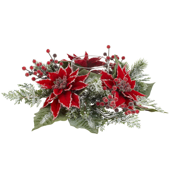 16"Wx3"H Artificial Iced Poinsettia, Berry & Pine Candle Ring Holder w/Glass -Red (Pack of 4) - XDE494-RE