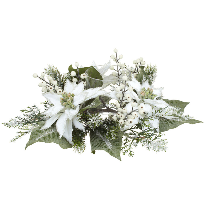 16"Wx3"H Artificial Iced Poinsettia, Berry & Pine Candle Ring Holder w/Glass -White (Pack of 4) - XDE494-WH