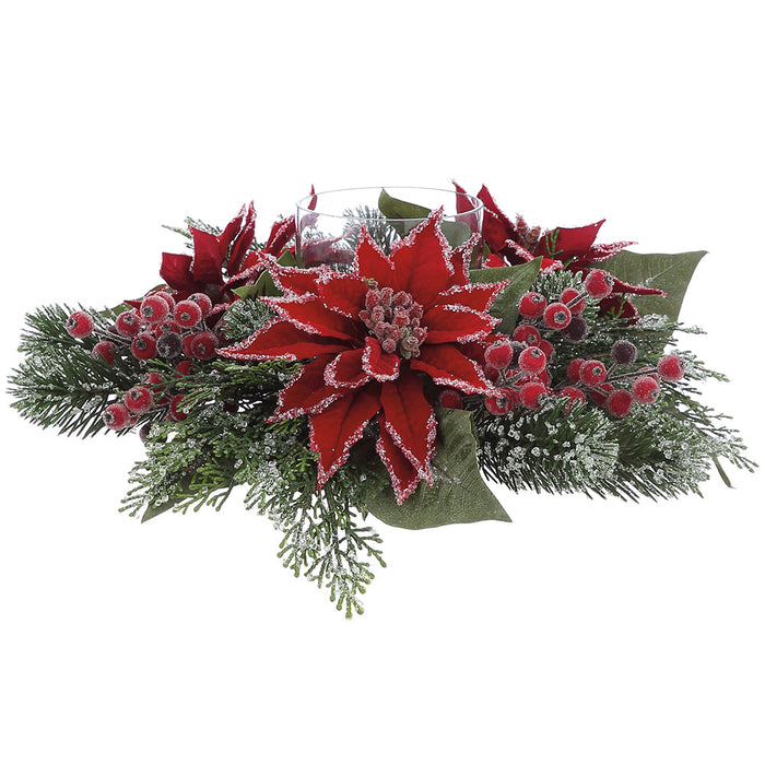 16"Wx6"H Artificial Iced Poinsettia, Berry & Pine Candle Ring Holder w/Glass -Red (Pack of 4) - XDE985-RE