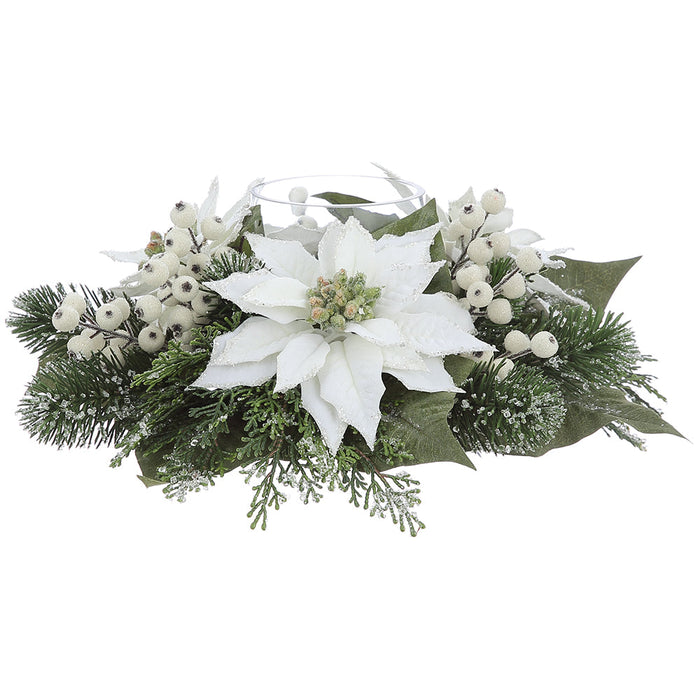 16"Wx6"H Artificial Iced Poinsettia, Berry & Pine Candle Ring Holder w/Glass -White (Pack of 4) - XDE985-WH