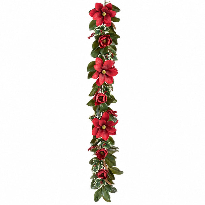 6' Magnolia, Berry & Holly Leaf Artificial Garland -Red/Variegated (Pack of 4) - XDG027-RE/VG