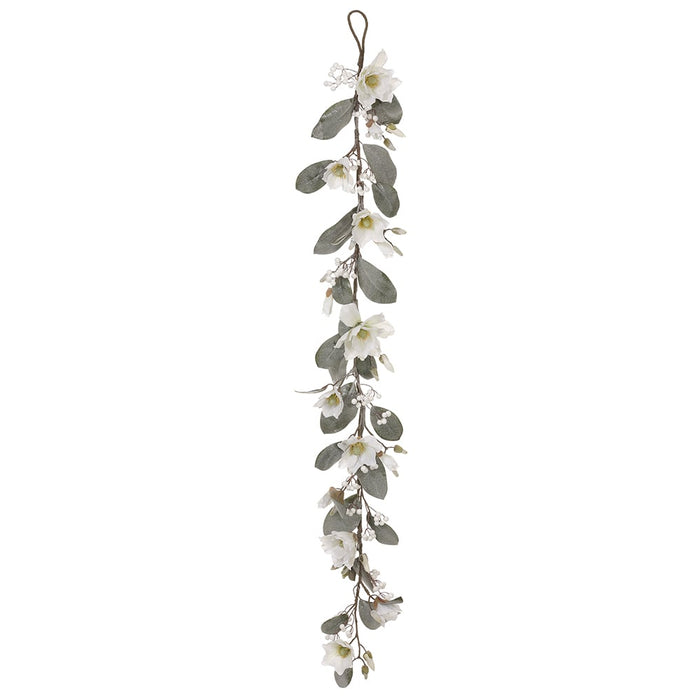 5'11" Glittered Magnolia Flower & Berry Artificial Garland -White (Pack of 4) - XDG084-WH