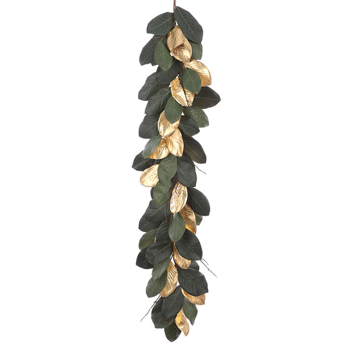 6' Magnolia Leaf Artificial Garland -Green/Gold (Pack of 2) - XDG309-GR/GO