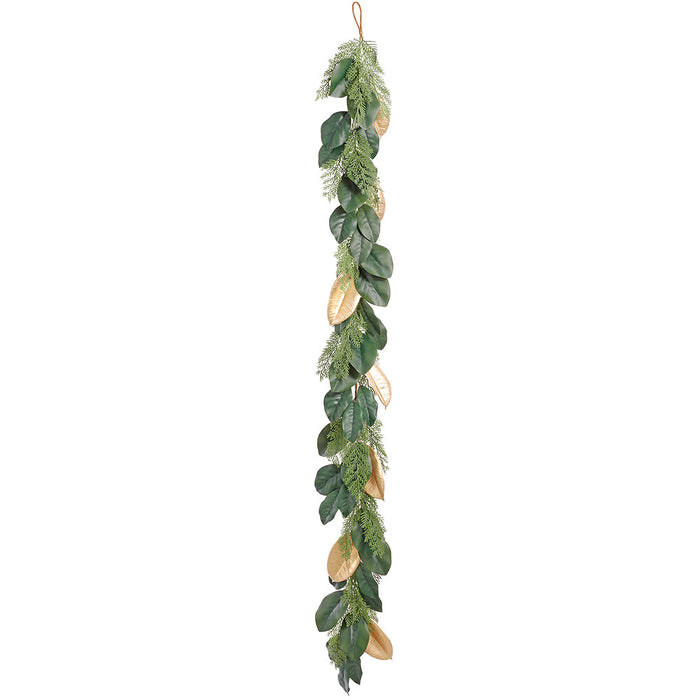 6' Magnolia Leaf & Cypress Artificial Garland -Green/Gold (Pack of 6) - XDG425-GR/GO