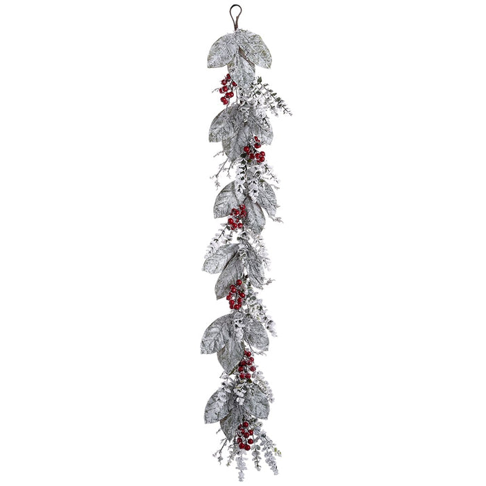 5' Flocked Artificial Magnolia Leaf & Berry Garland -Green/White (Pack of 4) - XDG500-GR/WH