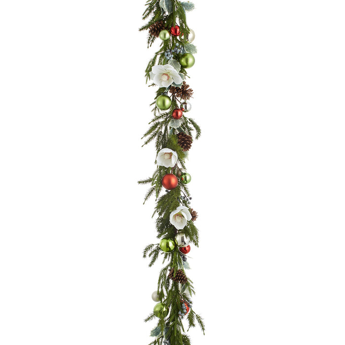 6' Magnolia Flower, Holly, Ball & Pine Artificial Garland -Mixed White (Pack of 2) - XDG567-WH/MX