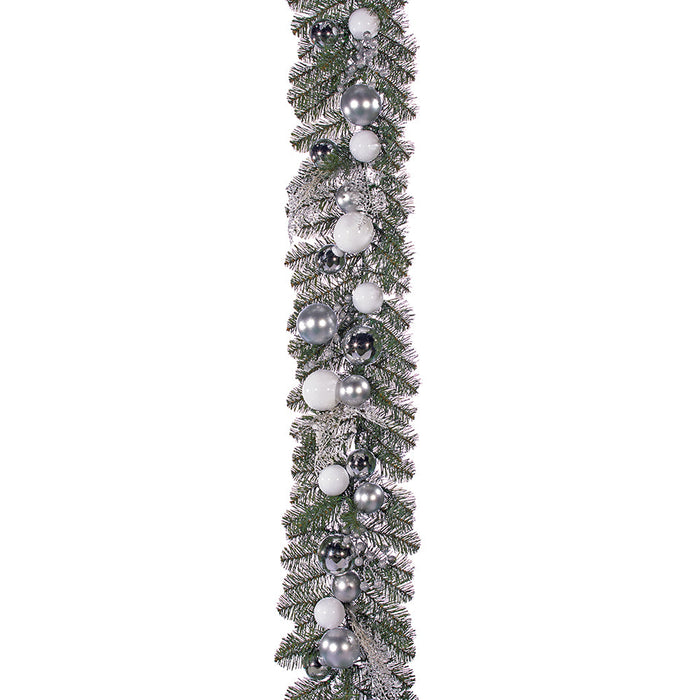 6' Glittered Ball, Berry, Fern & Pine Artificial Garland -Silver/White (Pack of 2) - XDG819-SI/WH