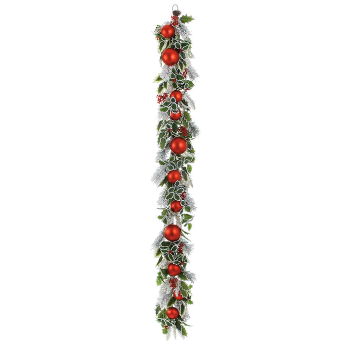 6' Flocked Holly, Ball & Pine Artificial Garland -Red/Green (Pack of 4) - XDG937-RE/GR