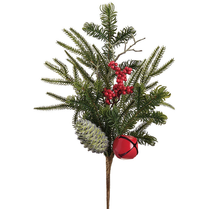 18" Berry, Jingle Bell & Pine Artificial Stem Pick -Red/Green (Pack of 12) - XDK002-RE/GR