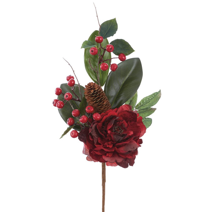 18" Peony Flower, Berry & Pinecone Artificial Stem Pick -Burgundy/Green (Pack of 12) - XDK014-BU/GR