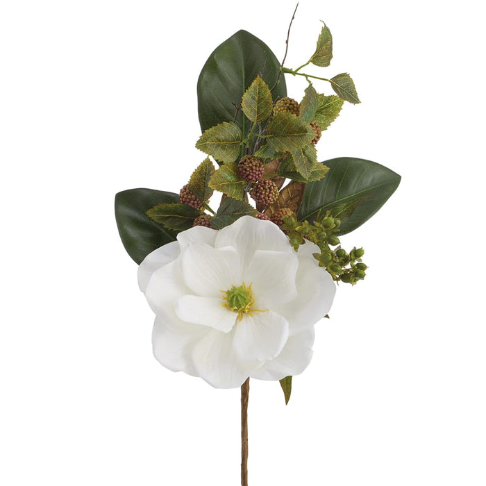 18" Magnolia Flower & Globe Thistle Artificial Stem Pick -White/Green (Pack of 6) - XDK019-WH/GR