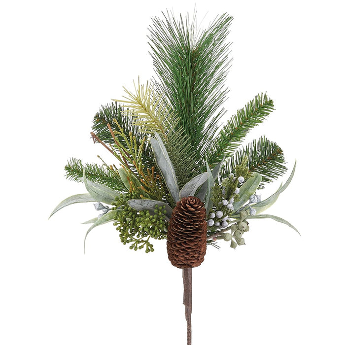 15" Pinecone, Bay Leaf & Pine Artificial Stem Pick -Brown/Green (Pack of 12) - XDK036-BR/GR
