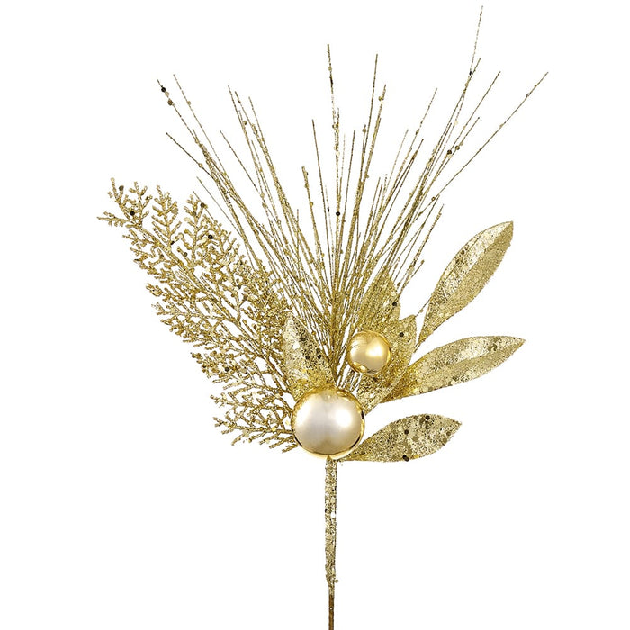 16" Glittered Pine & Ornament Ball Artificial Stem Pick -Gold (Pack of 24) - XDK040-GO