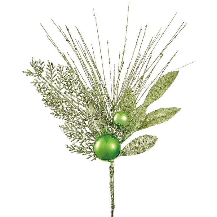16" Glittered Pine & Ornament Ball Artificial Stem Pick -Green (Pack of 24) - XDK040-GR