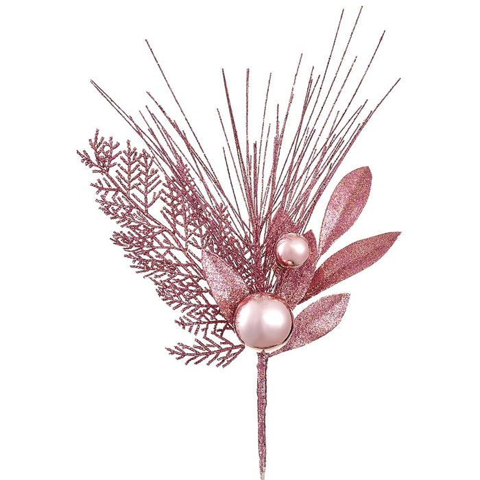 16" Glittered Pine & Ornament Ball Artificial Stem Pick -Pink (Pack of 24) - XDK040-PK