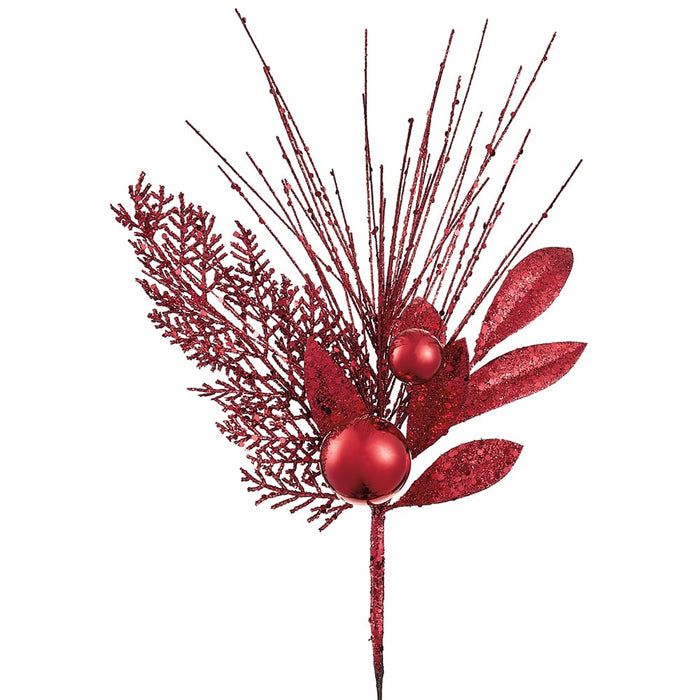 16" Glittered Pine & Ornament Ball Artificial Stem Pick -Red (Pack of 24) - XDK040-RE