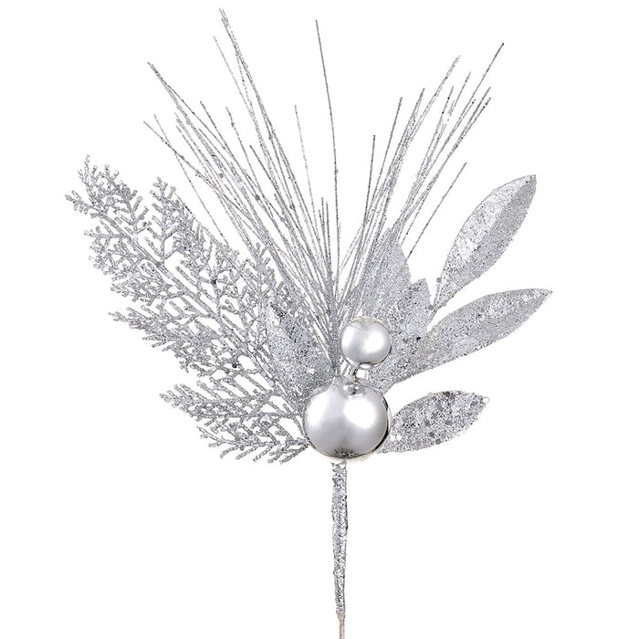 16" Glittered Pine & Ornament Ball Artificial Stem Pick -Silver (Pack of 24) - XDK040-SI