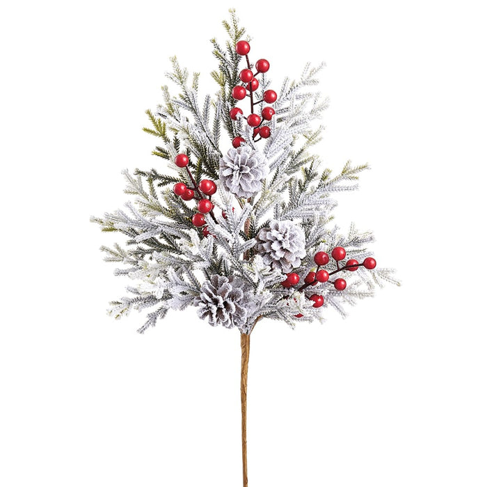 24" Flocked Berry, Pinecone & Pine Artificial Stem Pick -Red/Green (Pack of 6) - XDK043-RE/GR