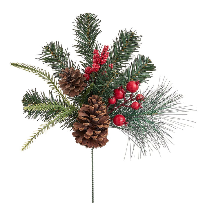 16" Berry, Pinecone & Mixed Pine Artificial Stem Pick -Red/Brown (Pack of 12) - XDK048-RE/BR