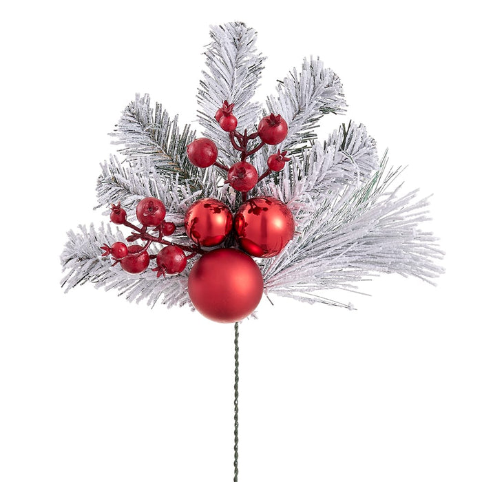 16" Flocked Mixed Pine, Berry & Plastic Ball Artificial Stem Pick -Red/White (Pack of 12) - XDK049-RE/WH