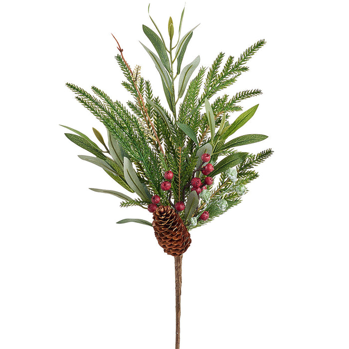 18" Pinecone, Berry & Eucalyptus Leaf & Pine Artificial Stem Pick -Green/Brown (Pack of 12) - XDK056-GR/BR
