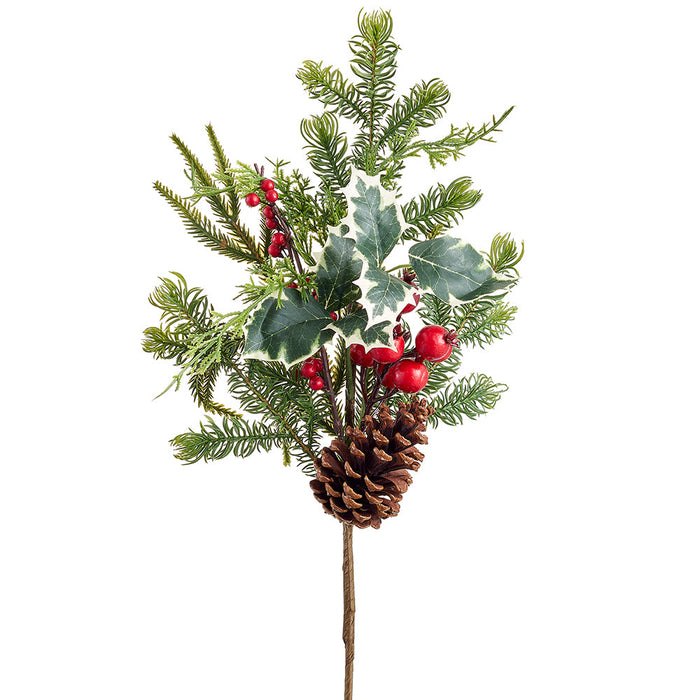 18" Berry, Pinecone & Mixed Pine Artificial Stem Pick -Green/Red (Pack of 12) - XDK057-GR/RE