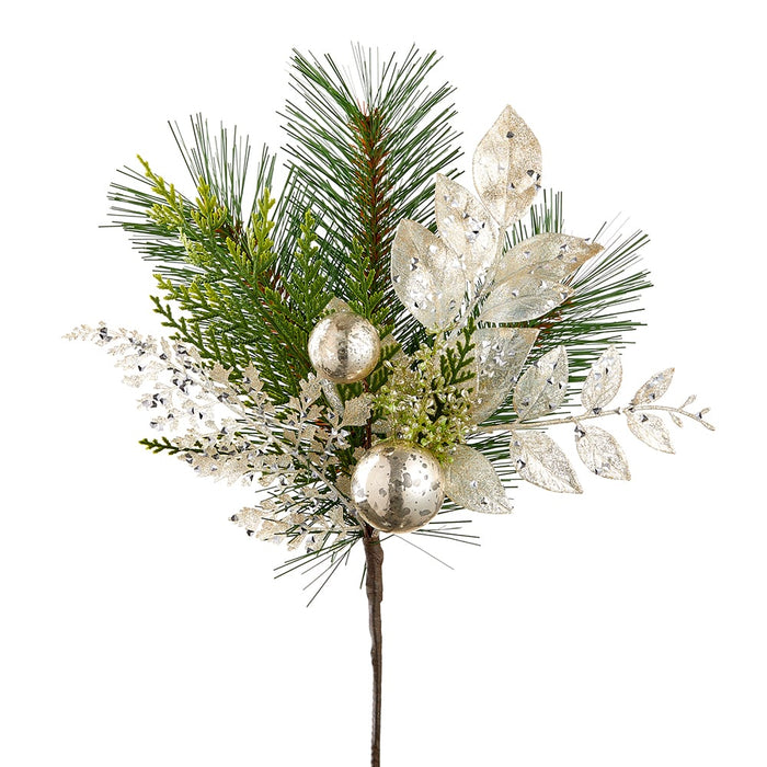 14" Mixed Glittered Ornament Ball, Artificial Fern & Pine Stem Pick -Silver/Green (pack of 24) - XDK156-SI/GR