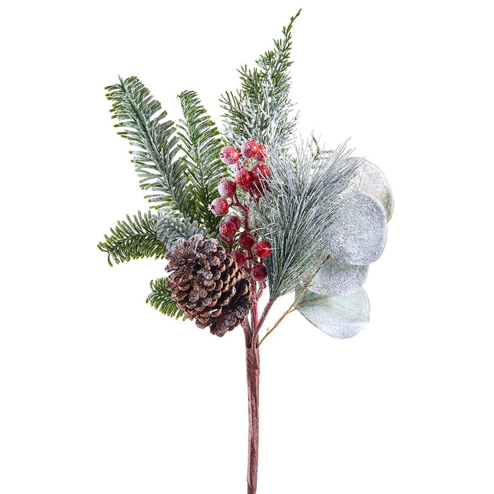 20" Snowed Berry, Pinecone & Pine Artificial Stem Pick -Green/Snow (pack of 12) - XDK210-GR/SN