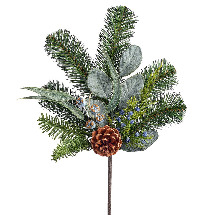 15" Artificial Eucalyptus, Pinecone & Pine Stem Pick -Brown/Green (Pack of 12) - XDK230-BR/GR
