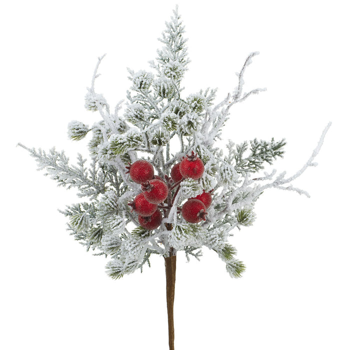 16" Flocked Rosehip & Pine Artificial Stem Pick -Red/Green (Pack of 12) - XDK260-RE/GR