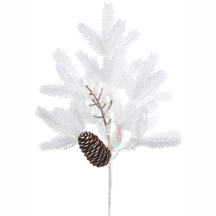 18" Ball, Pinecone & Pine Artificial Stem Pick -White/Iridescent (Pack of 12) - XDK310-WH/IR