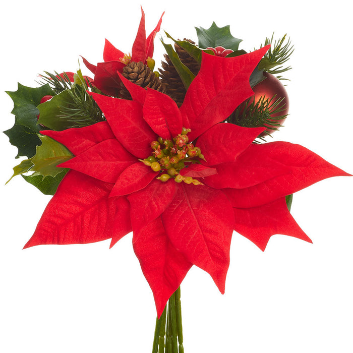 11" Plastic Ball, Holly, Pine & Poinsettia Flower Artificial Bouquet -Red/Green (Pack of 12) - XDK331-RE/GR