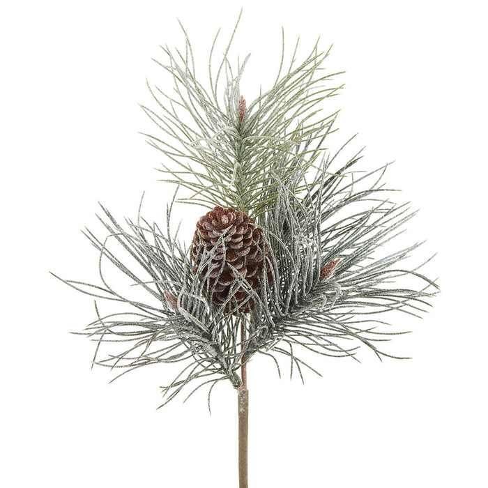14" Flocked Long Needle Pine & Pinecone Artificial Stem Pick -Brown/Green (Pack of 12) - XDK387-BR/GR