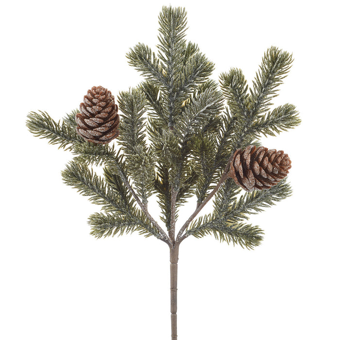 11" Flocked Pine & Pinecone Artificial Stem Pick -Brown/Green (Pack of 12) - XDK399-BR/GR